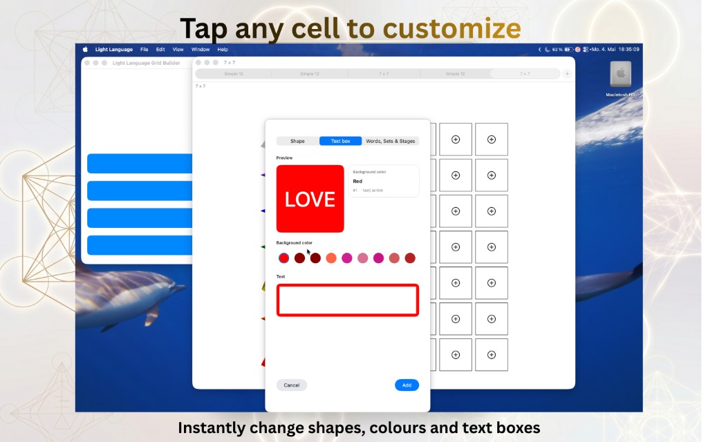 App UI showing grid type selection.