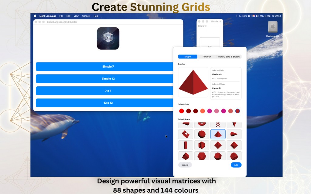 Screenshot of Light Language Grid Creator showing a 7 by 7 grid of colourful 3D shapes on a Mac-style window.