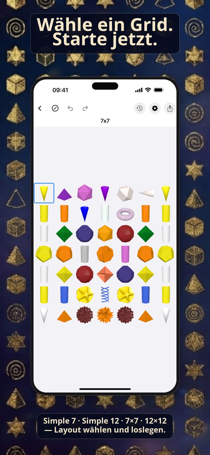iPhone-Screenshot von Light Language Grid Creator mit einem 7×7 Grid aus bunten 3D-Formen.