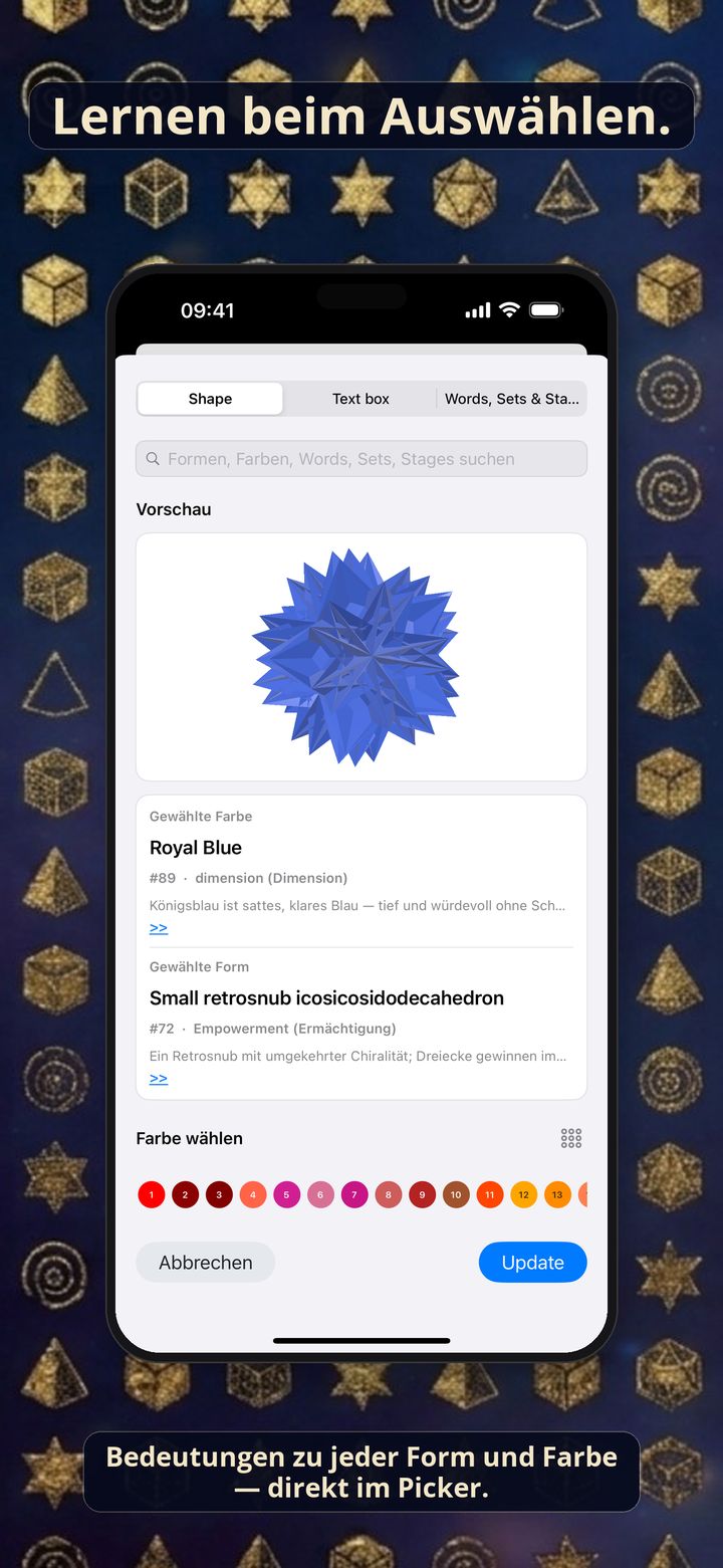 iPhone-Screenshot des Pickers mit Bedeutungen zu Form und Farbe.