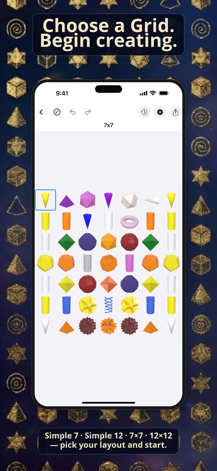iPhone screenshot of Light Language Grid Creator showing a 7×7 Grid of colourful 3D shapes.