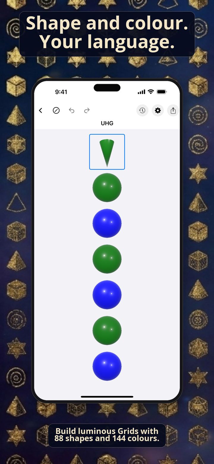 iPhone screenshot of a 7×7 Grid with colourful 3D shapes.
