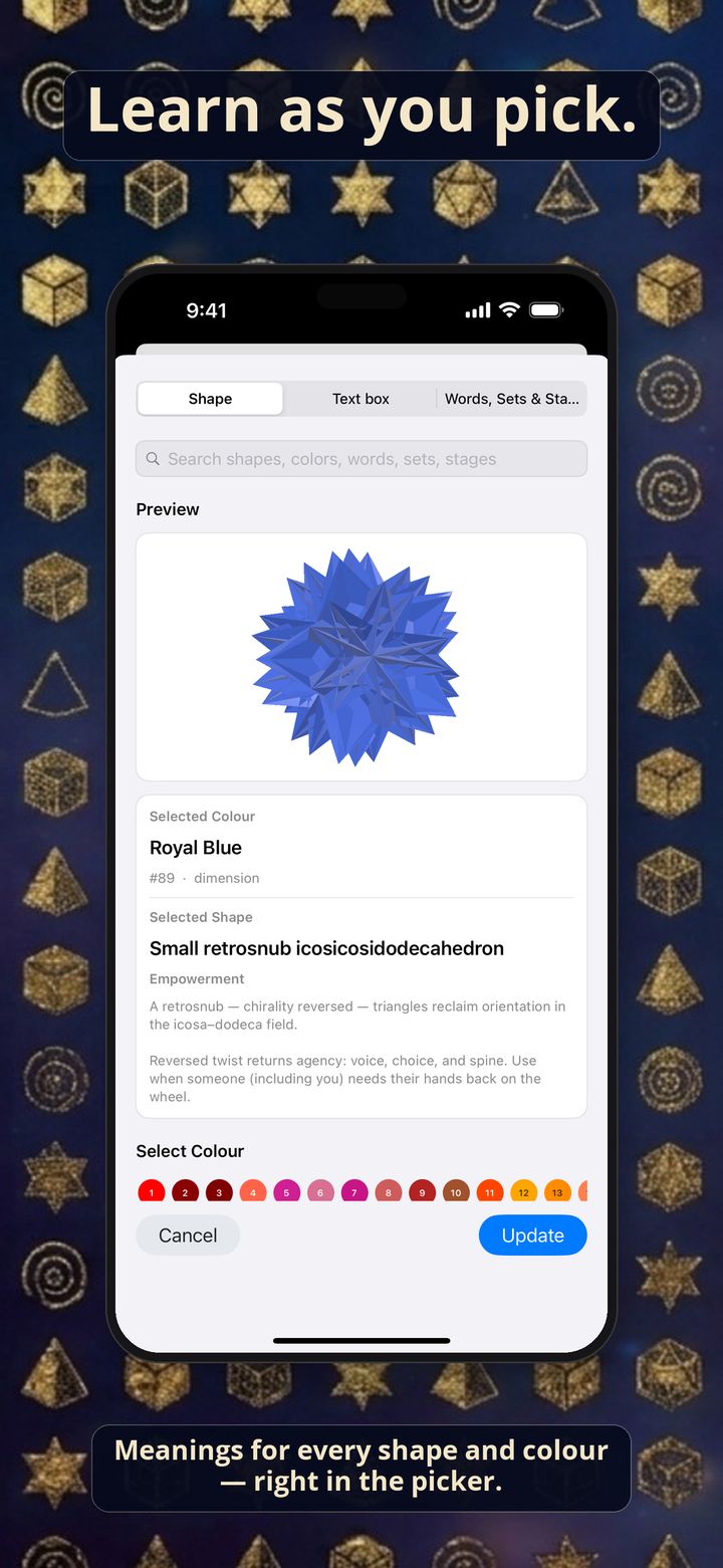 iPhone screenshot of the shape picker with colour and shape meanings.