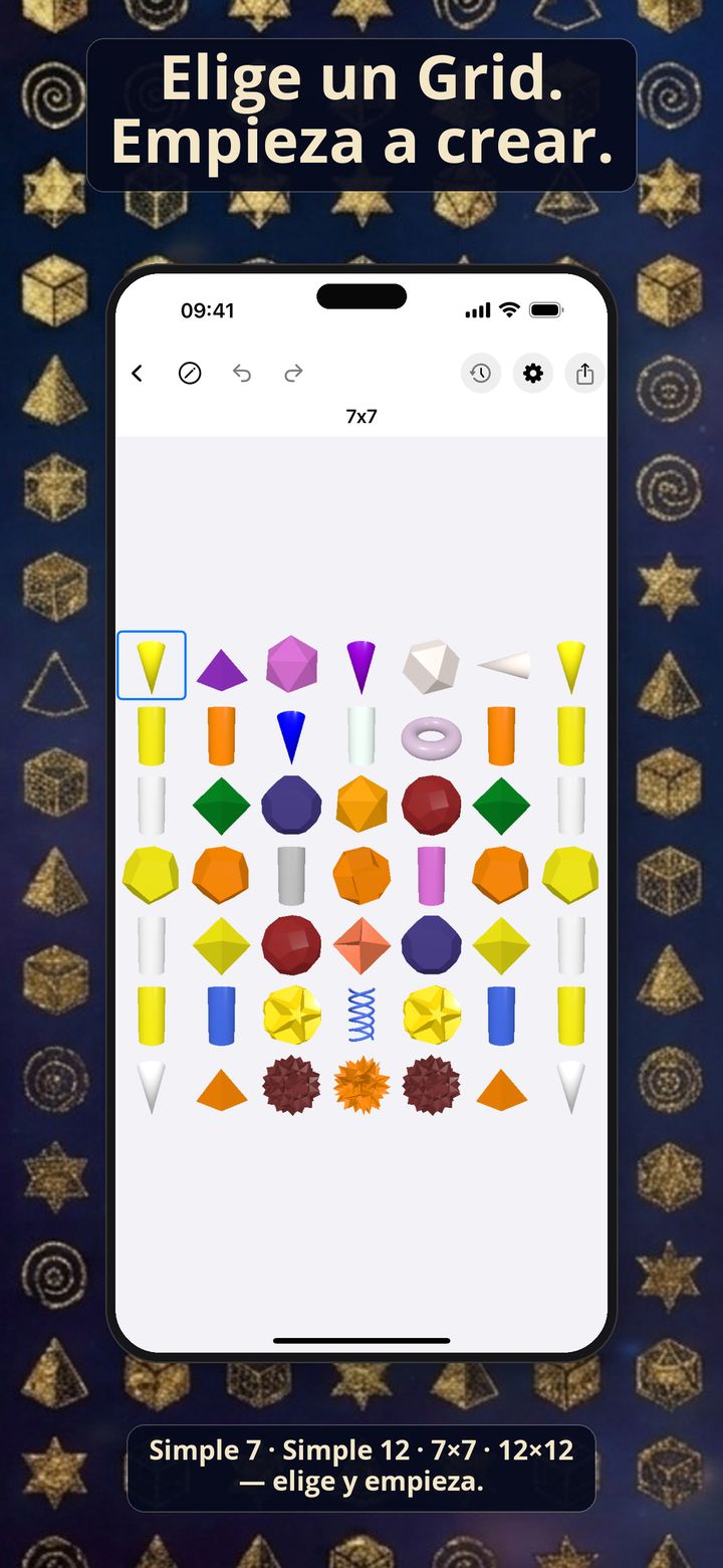 Captura de iPhone de Light Language Grid Creator con un Grid 7×7 de formas 3D de colores.