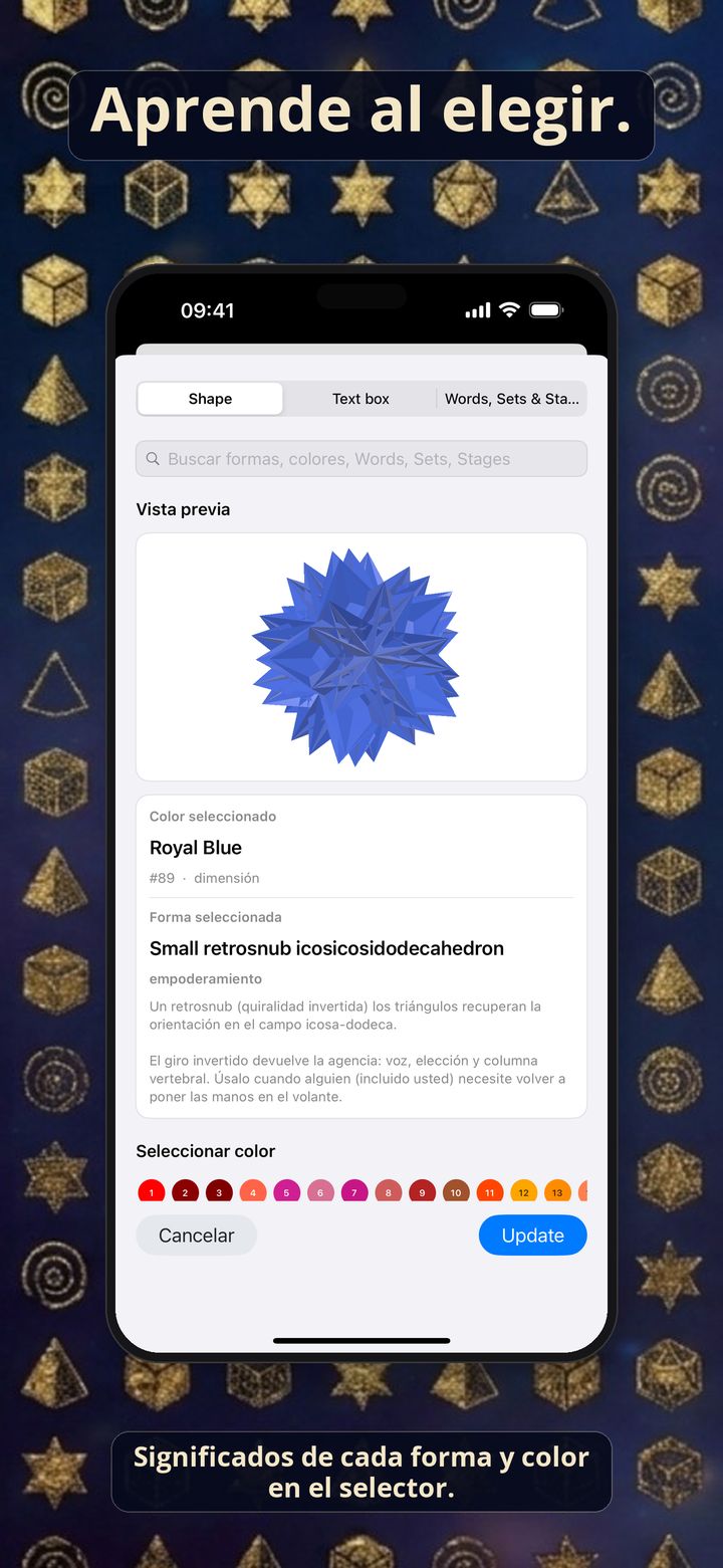 Captura de iPhone del selector con significados de forma y color.