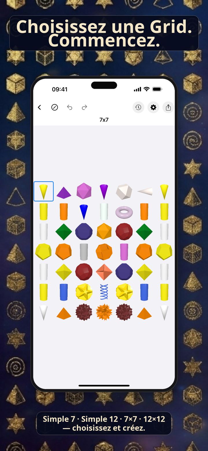 Capture iPhone de Light Language Grid Creator avec une Grid 7×7 de formes 3D colorées.