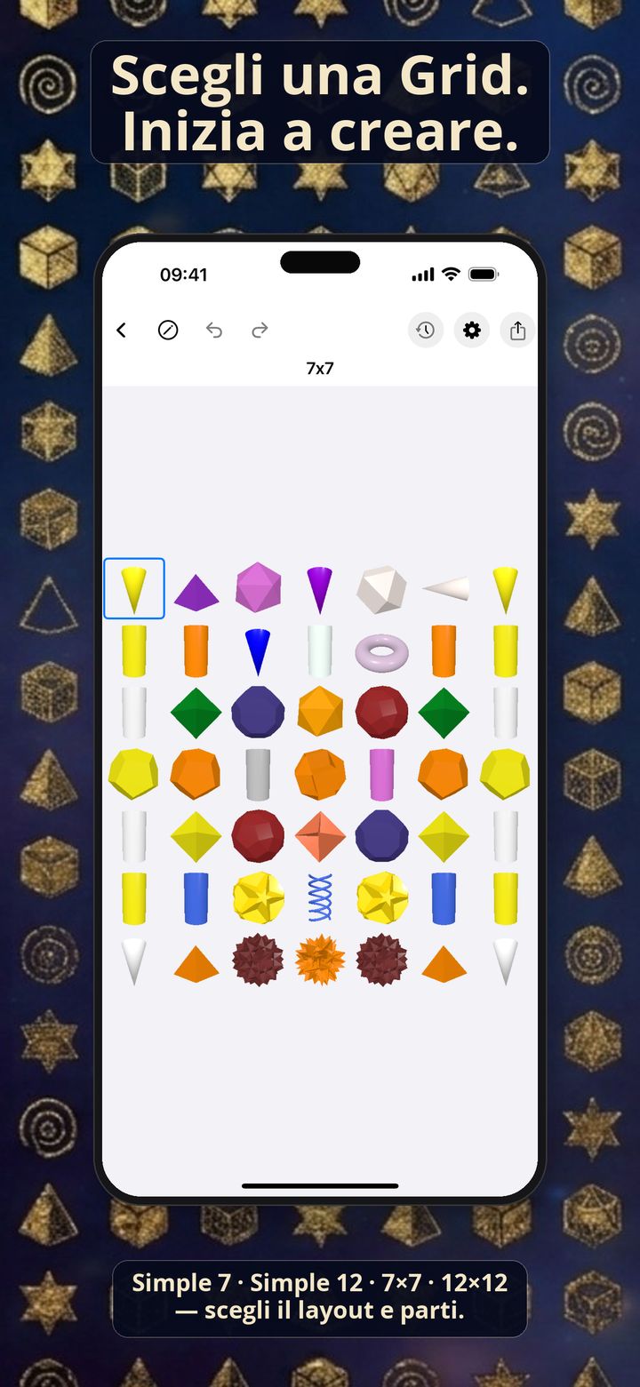 Schermata iPhone di Light Language Grid Creator con una Grid 7×7 di forme 3D colorate.