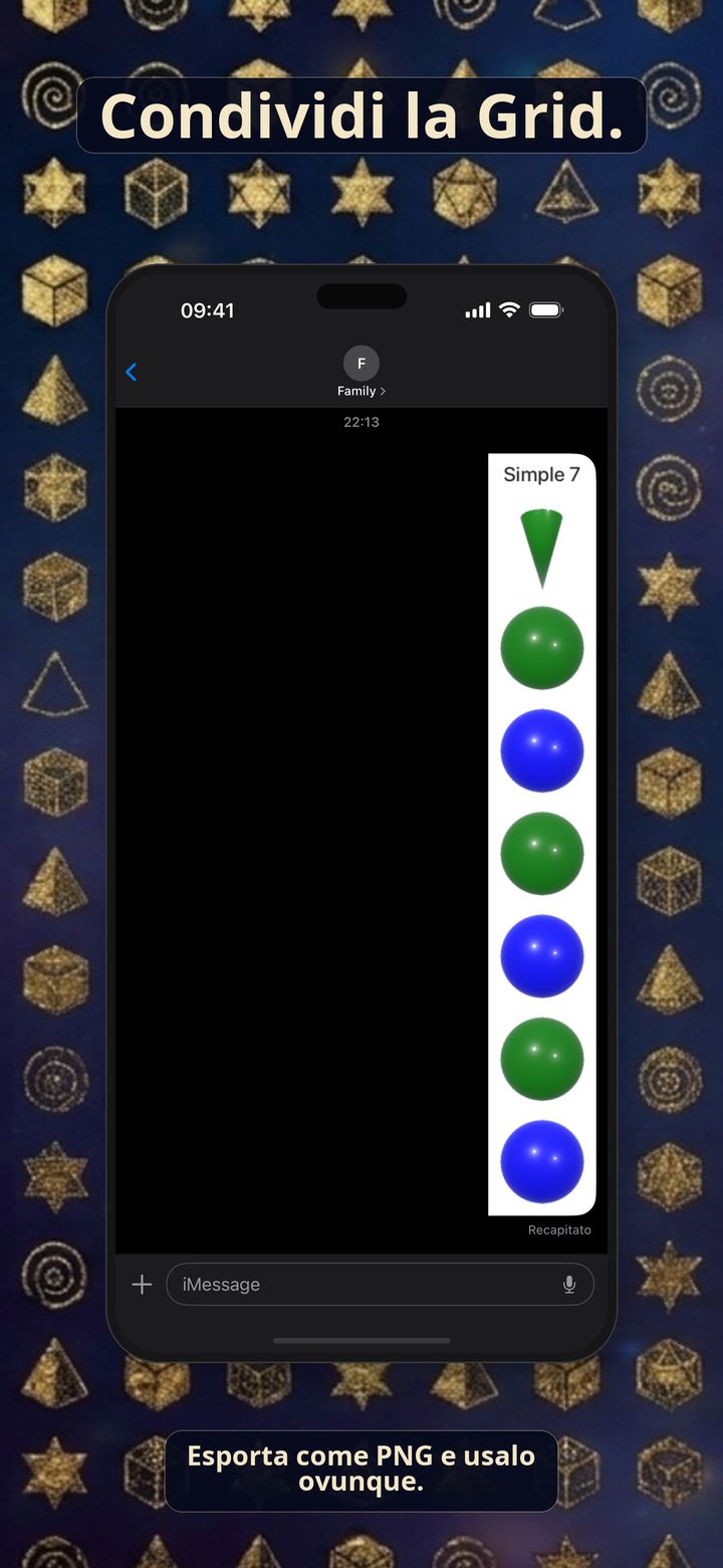 Schermata iPhone per condividere una Grid come PNG.