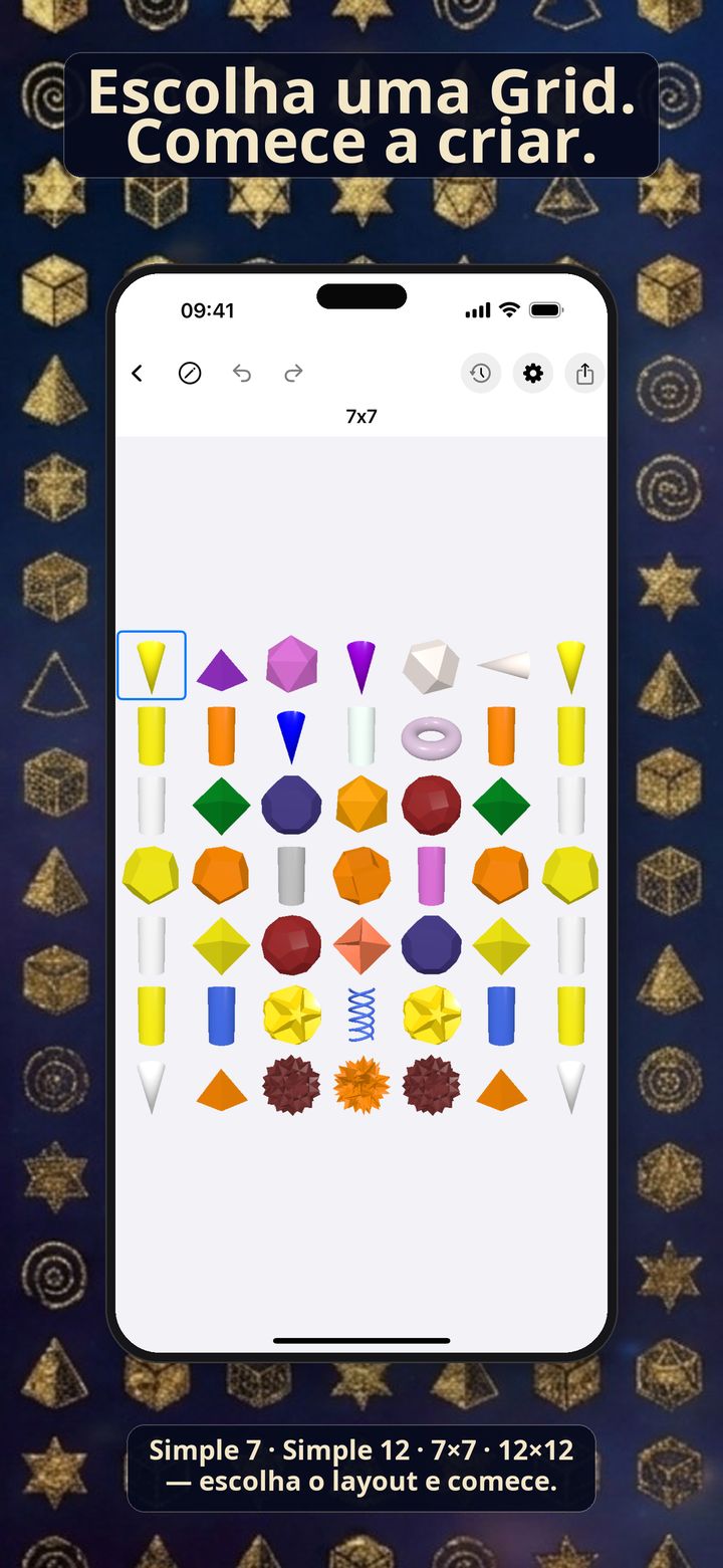 Captura de iPhone do Light Language Grid Creator com uma Grid 7×7 de formas 3D coloridas.